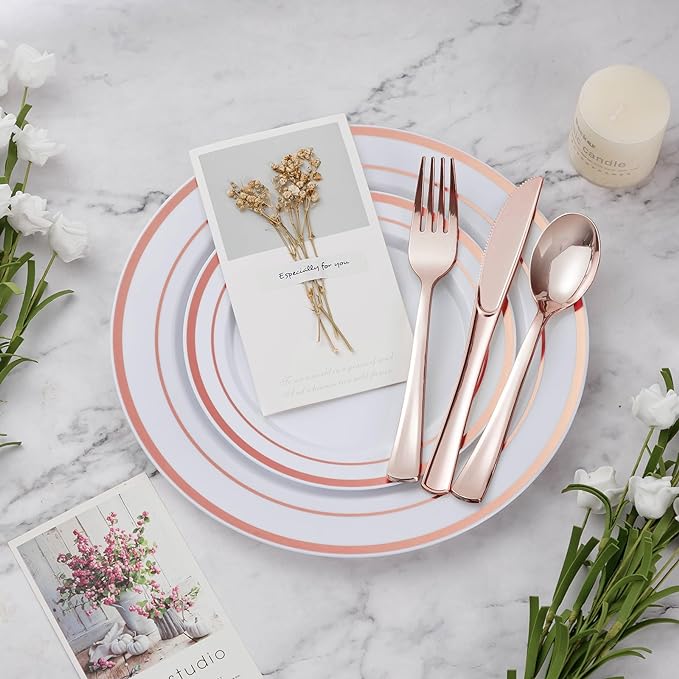 BESTVIP 300PCS Plastic Dinnerware Set (50 Guests), Rose Gold Disposable Plates for Party, Wedding, Christmas, Anniversary, Includes: Dinner Plates, Dessert Plates, Cups, Spoons, Forks and Knives