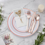 BESTVIP 450PCS Plastic Dinnerware Set (75 Guests), Rose Gold Disposable Plates for Party, Wedding, Christmas, Anniversary, Includes: Dinner Plates, Dessert Plates, Cups, Spoons, Forks and Knives
