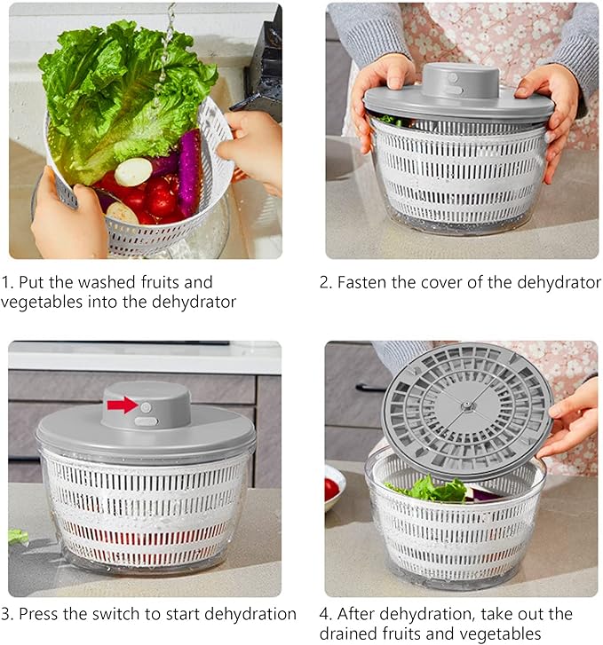 Electric Salad Spinner, 4L Lettuce Spinner Large Capacity USB Chargeble Fruit Vegetable Washer Dryer for Home Kitchen (Gray)