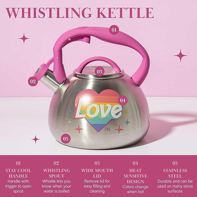 Paris Hilton Whistling Stovetop Tea Kettle, Stainless Steel with Rainbow Love Color Changing Heat Indicator Design, Soft Touch Handle, 2.5-Quart, Love Rainbow
