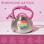 Paris Hilton Whistling Stovetop Tea Kettle, Stainless Steel with Rainbow Love Color Changing Heat Indicator Design, Soft Touch Handle, 2.5-Quart, Love Rainbow