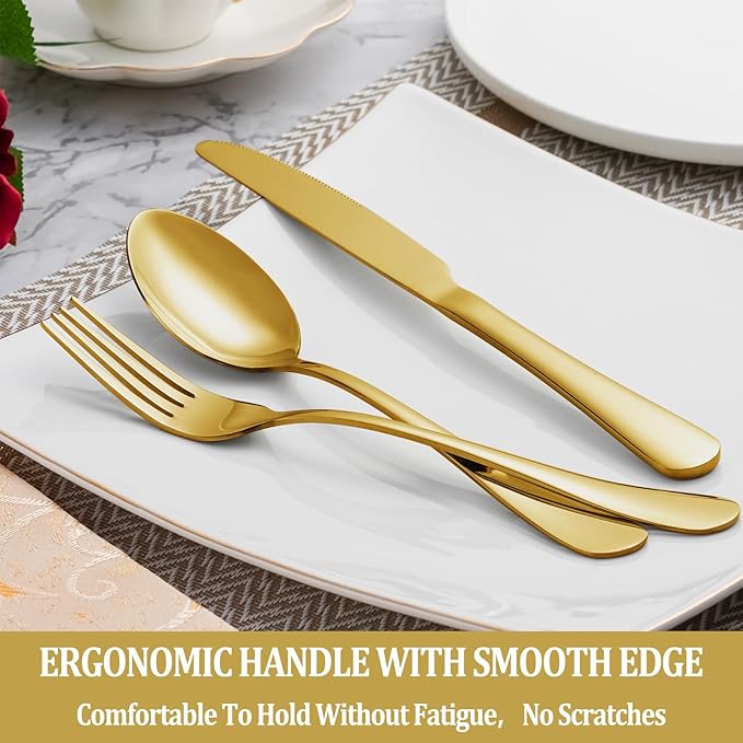 30 Pcs Gold Silverware Set Service for 6, Premium Stainless Steel Flatware Set, Cutlery Utensil Set, Durable Home Kitchen Eating Tableware Set, Include Fork Knife Spoon Set, Dishwasher Safe