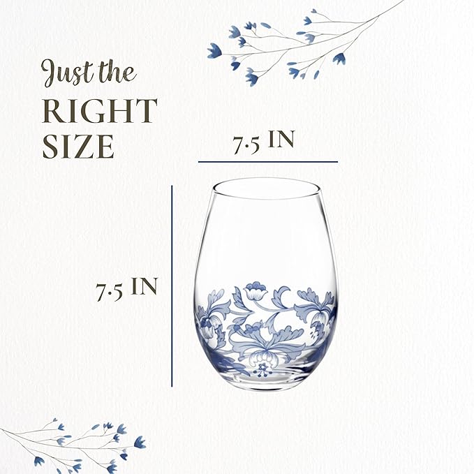 Spode Blue Italian Stemless Wine Glasses, Set of 4 - 19oz Artistic Tumbler-Style Goblets with Scenic Border & Scroll Accent for Red or White Wine, Casual Dining, Entertaining - For Outdoor Gatherings