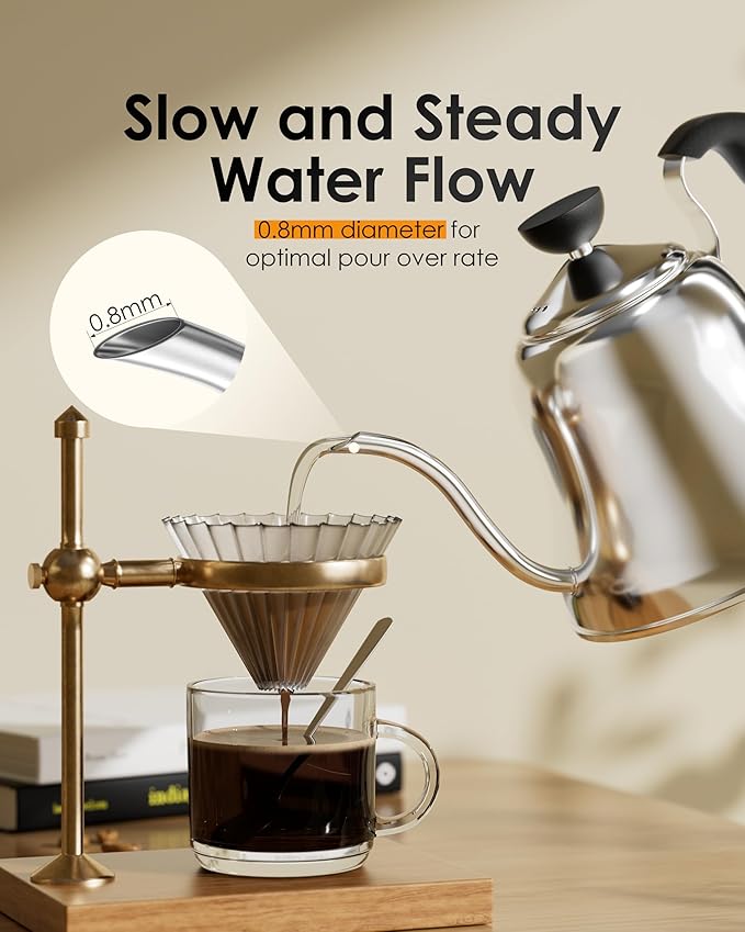 Tea Kettle for Stovetop, Barista's Choice Gooseneck Pour Over with Flow Control, Food Grade Stainless Steel Water Kettle, Tea Pot for Home & Kitchen - Small 28oz, Silver