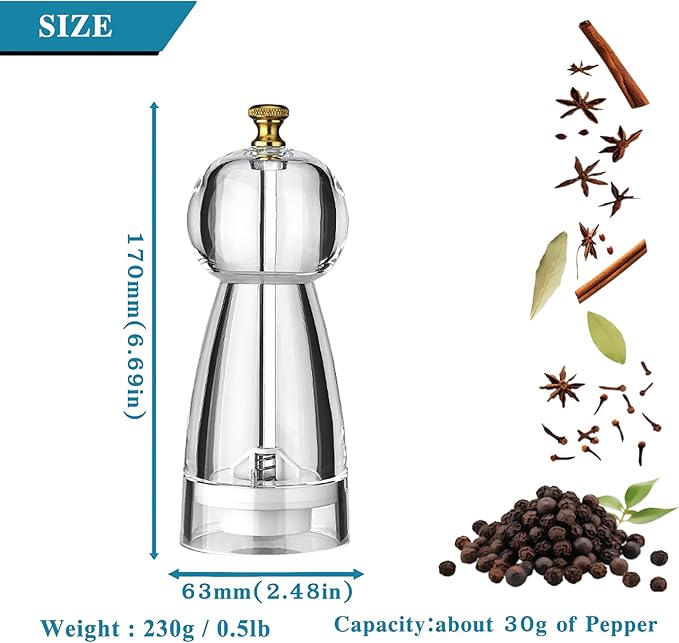 Acrylic Pepper Grinder Set Salt and Pepper Grinder Manual Pepper Mill Set with Adjustable Coarseness Acrylic Salt and Pepper Shakers, Enjoy Fresh Ground Pepper Spices Salt Grinder