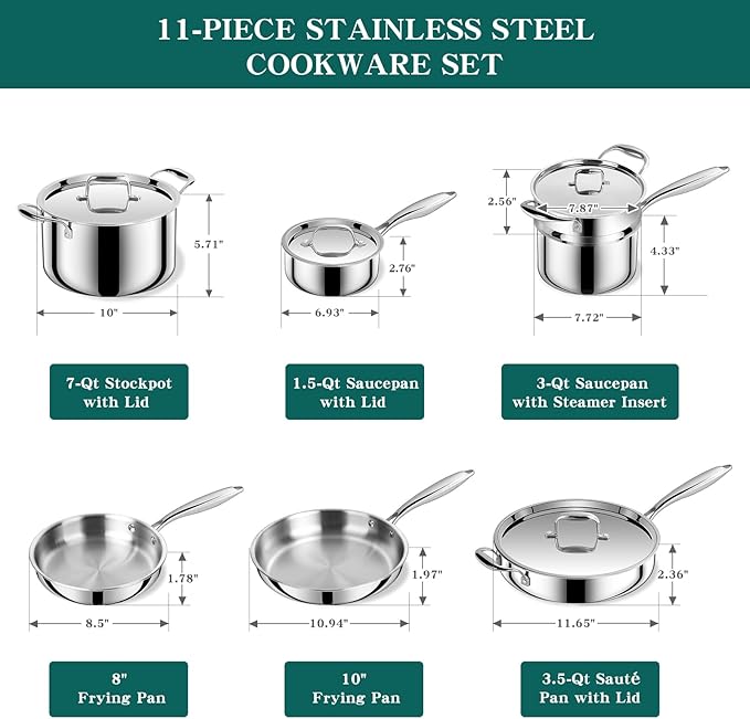 EWFEN Pots and Pans Set, 3 Ply 11 Piece Stainless Steel Cookware Set, Oven Dishwasher Safe | Induction Compatible Frying Pans, Saucepans, Saute Pan & Stock Pot, PFOA Free Kitchen Skillet