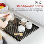 MERRYBOX Roll Up Dish Drying Rack Silicone Wrapped Over The Sink Dish Drying Rack Multipurpose Foldable Sink Drying Mat Anti-Slip & Anti-Rust Dish Rack for Kitchen, 17.5" x 13", Black