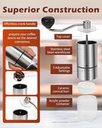 Manual Coffee Grinder With Ceramics Burr For Espresso,French Press,5 Adjustable Settings,Hand Maker with Built-In Burr,For Home Use and Camping Travel,Coffee Bean Grinders With Hand Crank