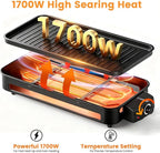 2 in 1 Electric Indoor Grill 1700W - YOHAWJAN Black Smokeless Indoor Grill Pan with Grilling Net & Non-Stick Removable Griddle Plate, Temperature Control Korean BBQ Grill for Kitchen with 3 Cheese Pan