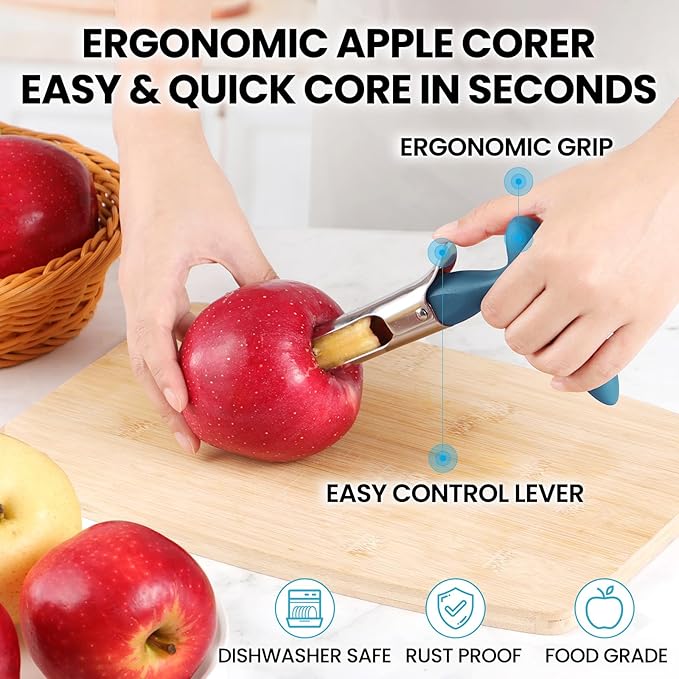 SCHVUBENR Premium Apple Corer Tool - Easy to Use and Clean - Sturdy Apple Remover with Sharp Serrated Tips - Stainless Steel Corers for Apple and Pear - Core Fruits with Ease (Blue)
