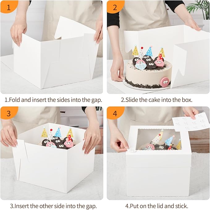 2 Pack Cake Boxes, 10 x 10 x 8 Inches Tall Bakery Box with Window and Cake Boards, Disposable Cake Containers for Wedding, Birthday, Party