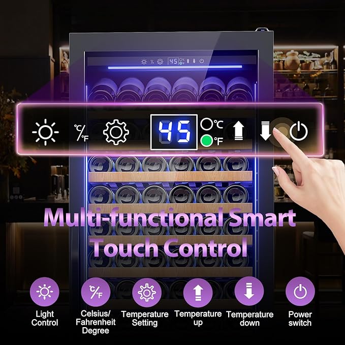 Wine Cooler-Wine Fridge with Safety Lock Freestanding/Built in 24 Inch Wide Large Wine Refrigerator for 154 Bottles,Cellar Chiller Low Noise, Fast Cooling, Black