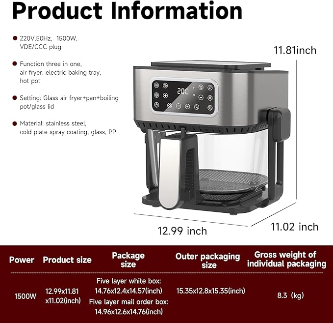 3-in-1 Air Fryer Oven, 5.2QT with See-Through Window, 8 Presets Touchscreen, Multi-Cooker for Air Frying, Roasting, Baking, Dehydrate, Reheat & Stewing, Turbo Crisp Technology, No Flip Needed.