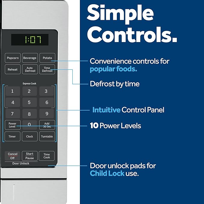 GE Countertop Microwave Oven, Compact 0.7 Cubic Ft., 700-watt Capacity, 6 Auto Cooking Settings, Child-Lock Technology, Kitchen Essentials for the Countertop, Dorm Room or Apartment, White