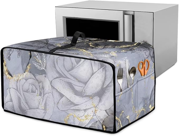 Marble Rose Flower Print Toaster Oven Cover, Stain-Resistant Air Fryer Cover with Storage Pocket, Kitchen Decorative Oven Protector, Black Grey Gold, (Large-18.5*22.5*12.99 inches)