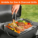 16" x 13" Stainless Steel Flat Top Griddle for Gas & Charcoal Grills, Universal Design for Outdoor & Home Cooking, with Grease Groove & Removable Handle, Ideal for Tailgating & Backyard Parties