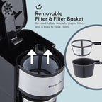 Elite Gourmet EHC-112B Personal Single-Serve Compact Coffee Maker Brewer Includes 14Oz. Thermal Travel Mug with Stainless Steel Interior, Compatible with Coffee Grounds, Reusable Filter, Black