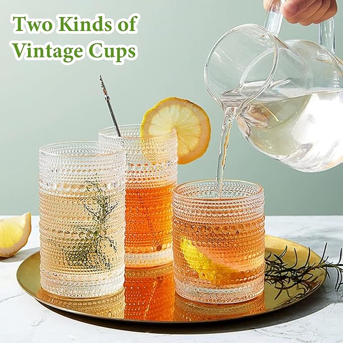 Hlukana Vintage Hobnail Drinking Glasses Set of 8, 12 oz Highball Glasses & 10 oz Cocktail Glasses Set, Kitchen Water Glasses Cup, Bar Tumbler Glassware Set for Beer, Juice, Cocktail, Whiskey, Milk