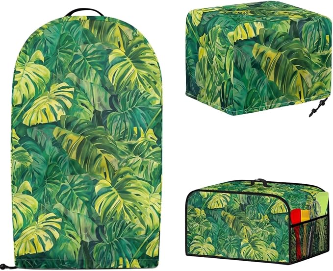 Monstera Leaves Small Appliance Covers 3 Pcs Set Waffles Maker Oven Dust & Blender Cover with Top Handle & Crock Pot Dust Cover Fingerprint Protection