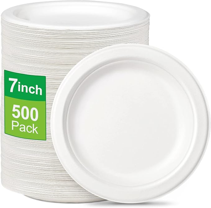 Paper Plates Bulk 500 Pack - 7 Inch Small White Plates, 100% Compostable Eco-Friendly Disposable for Dessert and Cake