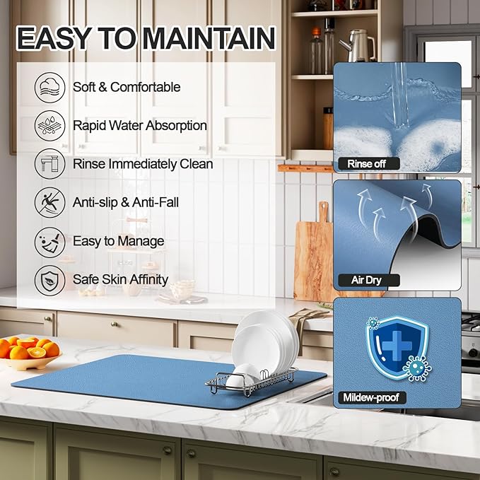 Ecotrim - Dish Drying Mat for Kitchen Counter | Coffee Bar Mat for Countertops | Heat Resistant Drainer Mat with Non-slip Rubber Backed | Hide Stain Kitchen Absorbent Draining Mat | Blue 16"x20"