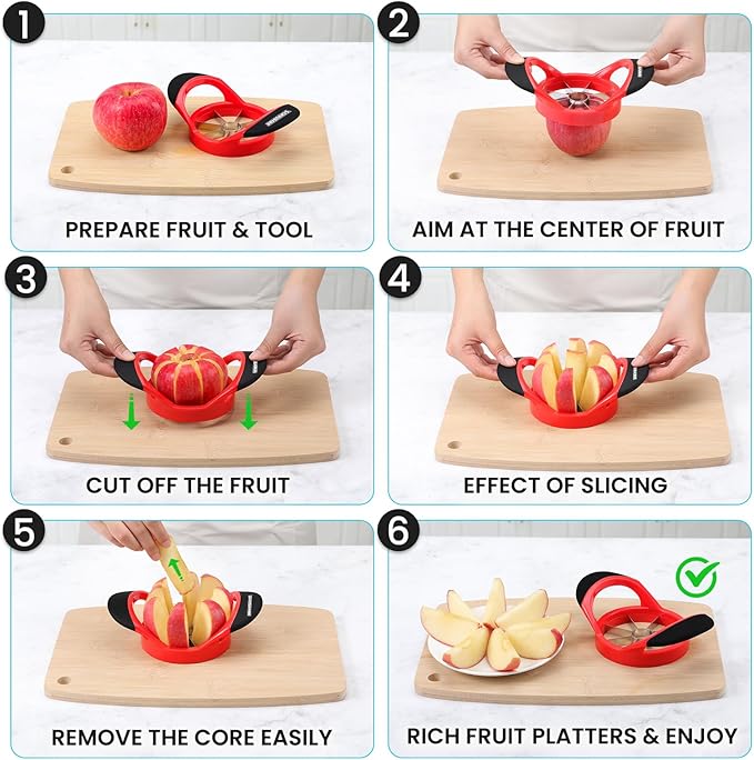 SCHVUBENR 3.5 Inch Apple Slicer - Professional Apple Cutter - Stainless Steel Apple Corer - Super Sharp Apple Slicer and Corer - Apple Tool with 8 Sharp Blades(Red)
