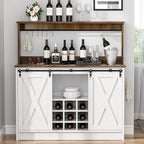 4ever2buy Farmhouse Coffee Bar Cabinet with Hutch, 47 Inch Buffet Cabinet with Storage, White Wine Bar with 9 Wine Racks and 6 Hooks, Coffee Bar Table with Adjustable Shelves for Living Dining Room