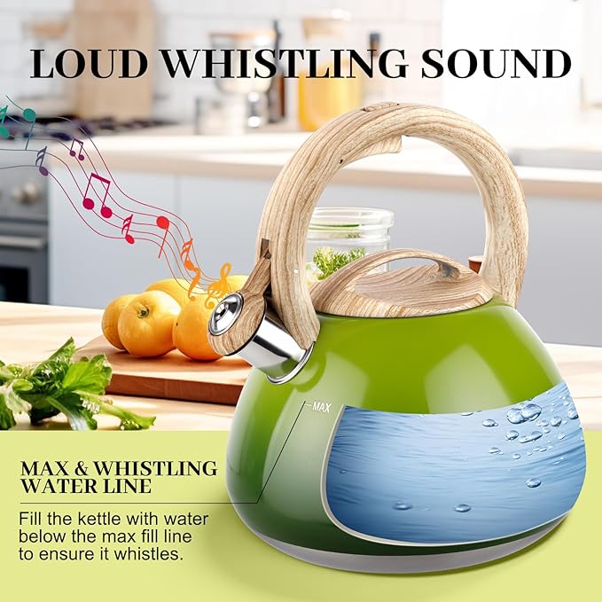 MARSKITOP Whistling Tea Kettle for Stove Top, 2.6 Quart Teapot for Stovetop, Stainless Steel Tea Pot for Stove with Wood Pattern Handle, Light Green