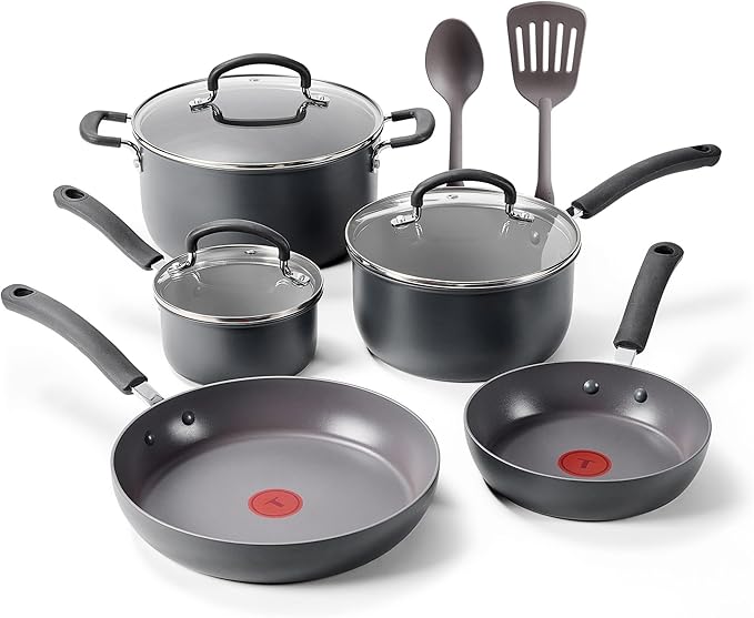 T-Fal Ultimate Hard Anodized Nonstick 10 Piece Cookware Set, Oven Safe Up to 400°F, Dishwasher Safe, Pots and Pans Set, Includes Frying Pans, Saucepan, Stockpot, Cooking Utensils, Stone