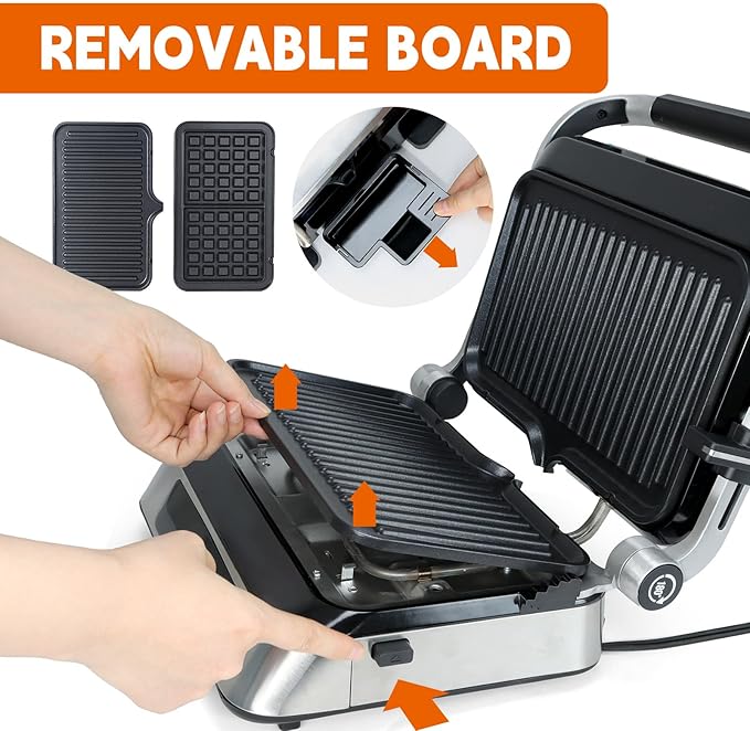 Panini Waffle Maker Combo | Panini Grill Press Sandwich Maker, Smokeless Indoor Grill, 1600W, 180° Open, Removable Plates, Stainless Steel, Ideal Kitchen Gift for Steak, Hamburger, Waffle