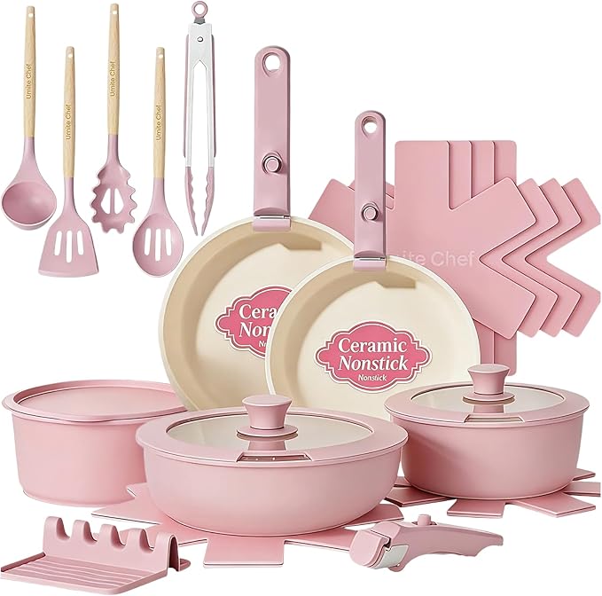 Umite Chef Pots and Pans Set Non Stick, 21 pcs Nonstick Ceramic Cookware Set, RV Kitchen Cooking Set with Detachable Handles, Oven Safe, Induction Cookware, Stackable, Pink, PFAS PFOA & PTFE Free