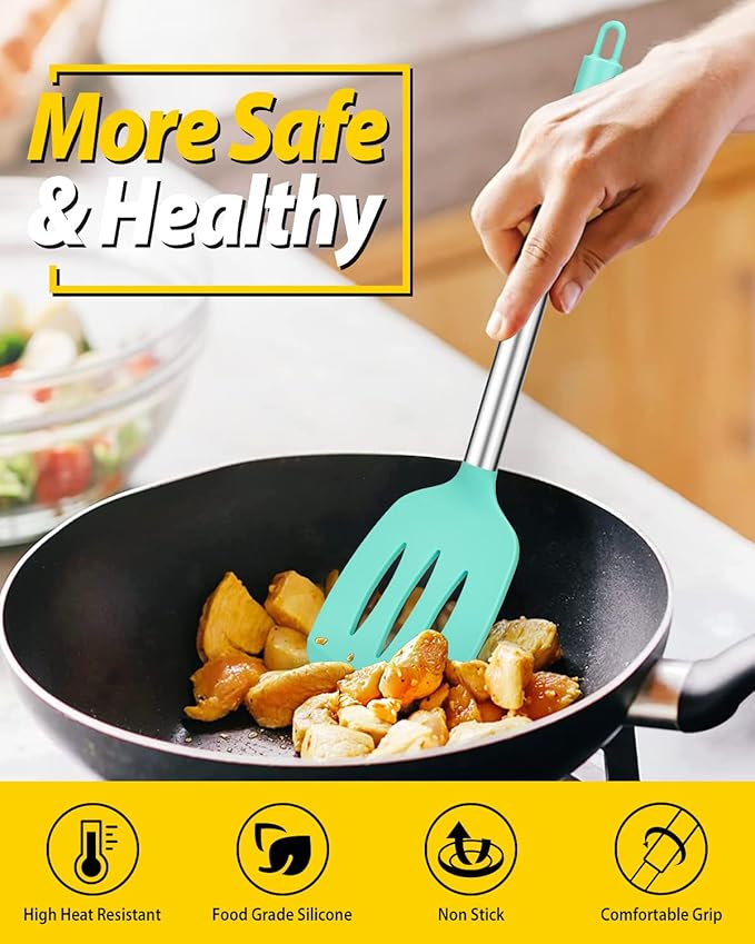 Pack of 2 Silicone Solid Turner, Non Stick Slotted Kitchen Spatulas, High Heat Resistant BPA Free Cooking Utensils, Ideal Cookware for Fish, Eggs, Pancakes(Green)