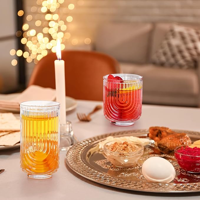 Vesici 8 Pieces Drinking Glasses Cocktail Glasses Arch Design Highball Ribbed Glassware Vintage Cups Ripple Aesthetic Tumblers for Whiskey Water Beverages Ice Coffee Juice Milk, 14 oz and 12 oz