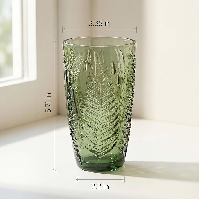 16 oz Green Fern-Embossed Tumblers – Set of 8 Drinking Glasses, Artisanal-Style Vintage Textured Glassware for Water, Sparkling Drinks, Lemonade & Mocktails – Retro Boho Kitchen & Home Table Decor