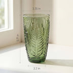 16 oz Green Fern-Embossed Tumblers – Set of 8 Drinking Glasses, Artisanal-Style Vintage Textured Glassware for Water, Sparkling Drinks, Lemonade & Mocktails – Retro Boho Kitchen & Home Table Decor