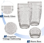 CREATIVELAND Colored Vintage Drinking Glasses Set of 4, 15.5 oz Romantic Embossed Water Glasses, Colored Tumblers Tempered Glass for Juice, Beverages, Beer, Cocktail (Gray)