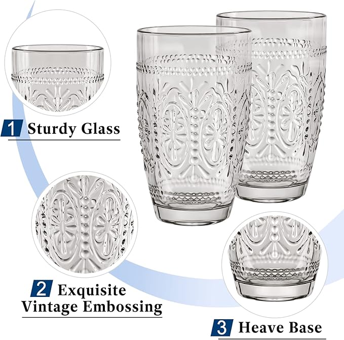 CREATIVELAND Colored Vintage Drinking Glasses Set of 4, 15.5 oz Romantic Embossed Water Glasses, Colored Tumblers Tempered Glass for Juice, Beverages, Beer, Cocktail (Gray)