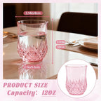 24 Pack Plastic Stemless Wine Glasses,12oz Unbreakable Vintage Elegant Drinking Glass Set,Reusable Fancy Cocktail Cups for Party, Wedding, and Bulk Events (24, 12oz-Pink)
