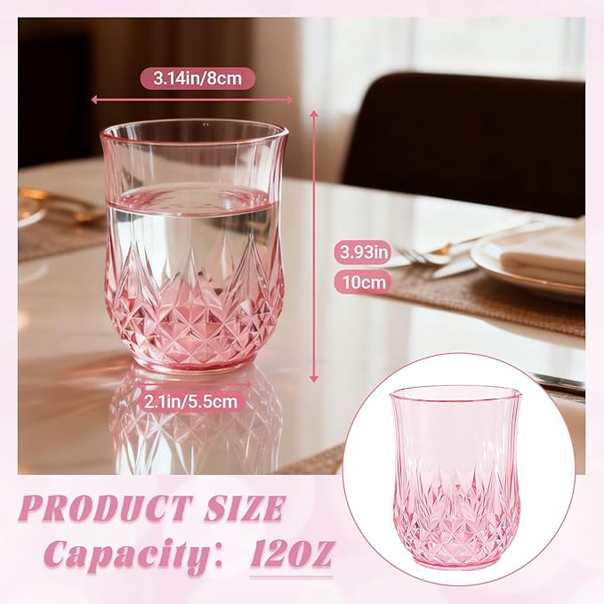 40 Pack Plastic Stemless Wine Glasses,12oz Unbreakable Vintage Elegant Drinking Glass Set,Reusable Fancy Cocktail Cups for Party, Wedding, and Bulk Events (40, 12oz-Pink)