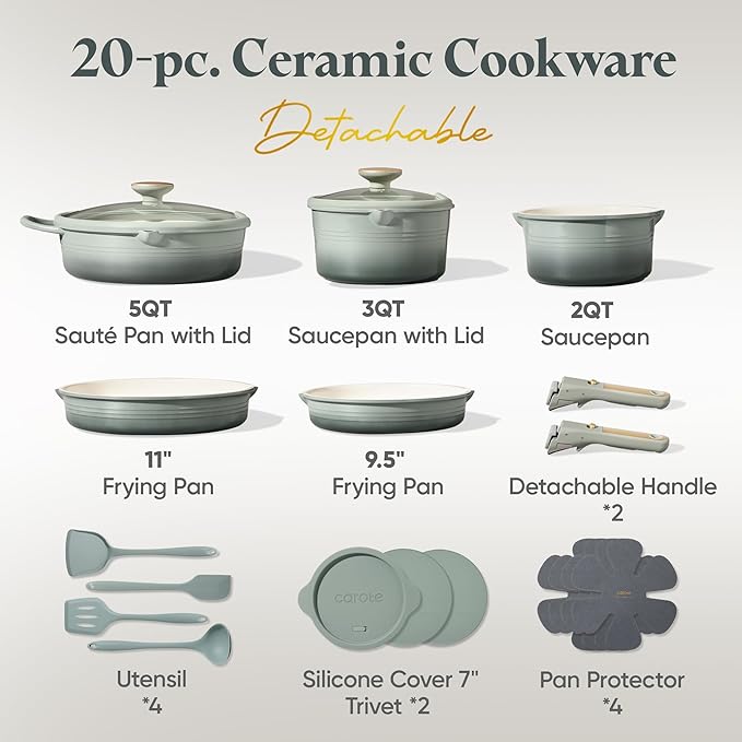 CAROTE 20Pcs Titanium Cookware Set, Pots and Pans Set Non Stick, Kitchen Cooking Set with Detachable Handle, Non Toxic Induction Cookware, Dishwasher/Oven Safe