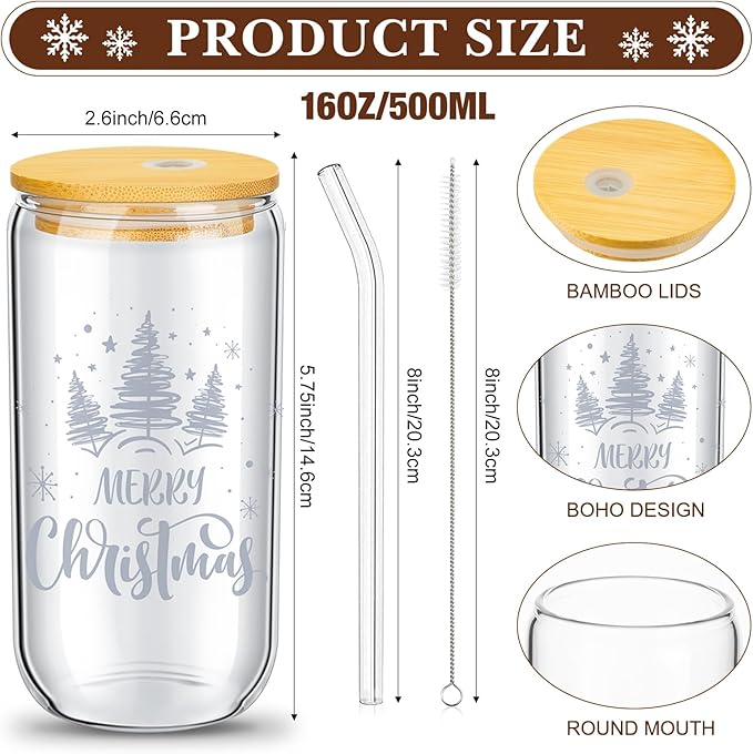 Umigy 8 Pack Christmas Glass Cups 16 oz Christmas Drinking Glasses Tumblers with Lids and Straws Drinkware Glassware Beer Can Shaped Iced Coffee Drinkware Mason Jar Cups for Xmas Gift Party Decor