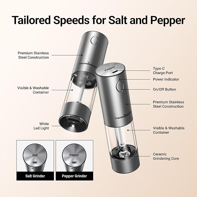 ThermoMaven Electric Salt and Pepper Grinder Set, 110ml Larger Rechargeable Automatic Salt and Pepper Mill Grinder with 6 Adjustable Coarseness, Electric Salt and Pepper Shakers, LED, Snow White