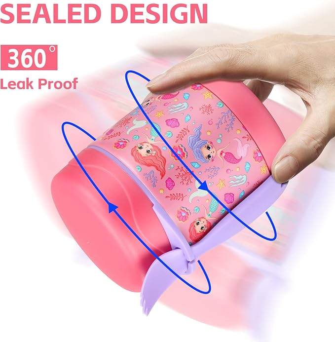10oz Soup Thermo for Hot Food Kids Insulated Food Jar,Thermo Hot Food Lunch Container, Width Mouth Stainless Steel Lunch Box for Kids with Spoon (Pink-mermaid)
