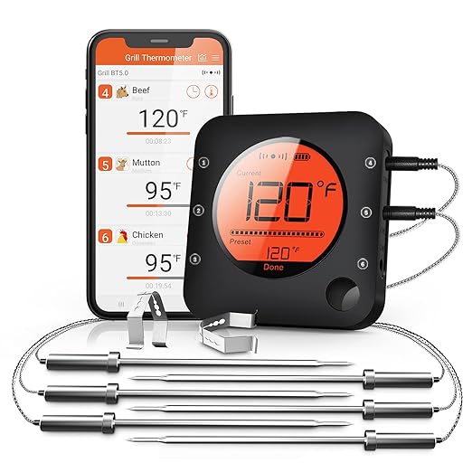 BFOUR Bluetooth Meat Thermometer Wireless Meat Thermometer, Wireless Digital Grill Thermometer with 6 Temperature Probes, Large LCD Display, Bluetooth Thermometer for Grill, Smoker, Oven and BBQ