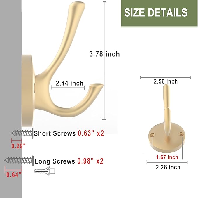 Gold Coat Hooks for Wall, 2 Pack Heavy Duty Towel Robe Hooks, Hats Hooks for Entryway Cubicle Closet Mudroom Bathroom Garage
