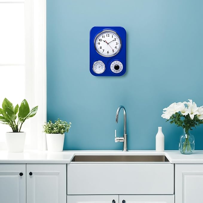 Lily's Home - 9.5 Inch x 12.5 Inch- Retro Kitchen Wall Clock, Vintage Wall Clock with a Thermometer and 60-Minute Timer, Ideal for Any Kitchen, Office, or Diner (Dark Blue)