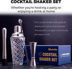 Cocktail Shaker Set, 14.2oz Glass Martini Shaker with Strainer - Includes Measuring Jigger, Mixing Spoon and Muddler - Perfect for Making Cocktails and Protein Shakes (Silver)