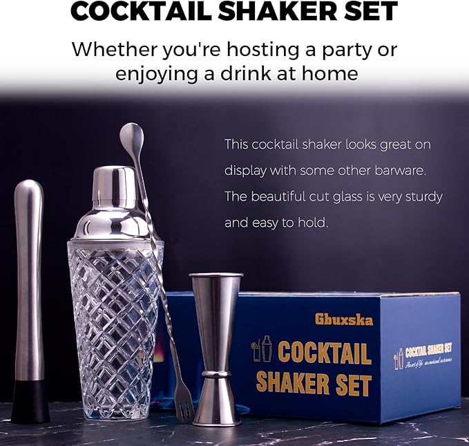 Cocktail Shaker Set, 14.2oz Glass Martini Shaker with Strainer - Includes Measuring Jigger, Mixing Spoon and Muddler - Perfect for Making Cocktails and Protein Shakes (Silver)