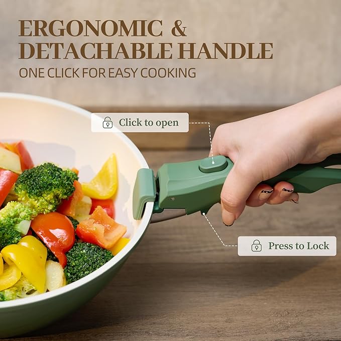 Ceramic Cookware Set Non Stick 23Pcs Pots and Pans Set Non Toxic with Detachable Handle Induction Kitchen Cookware Set Space Saving, Oven & Dishwasher Safe, Green