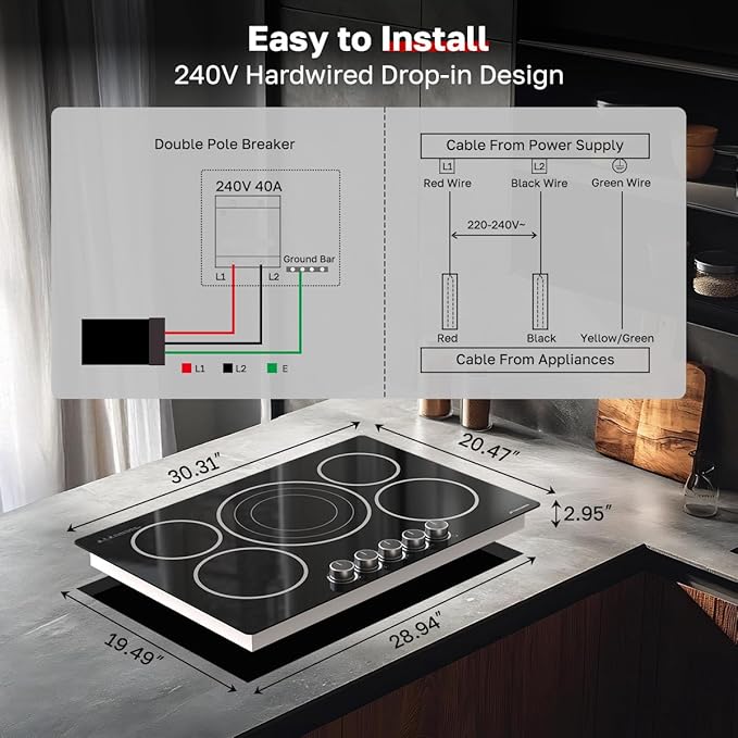 ThermoMate 30 Inch Electric Cooktop, 5 Burners Knob Control Built-in Ceramic Cooktop, 30" Radiant Electric Stove Top of 9000W with 9 Heat Levels, Hot Surface Indicator, 220-240v, Hard Wired